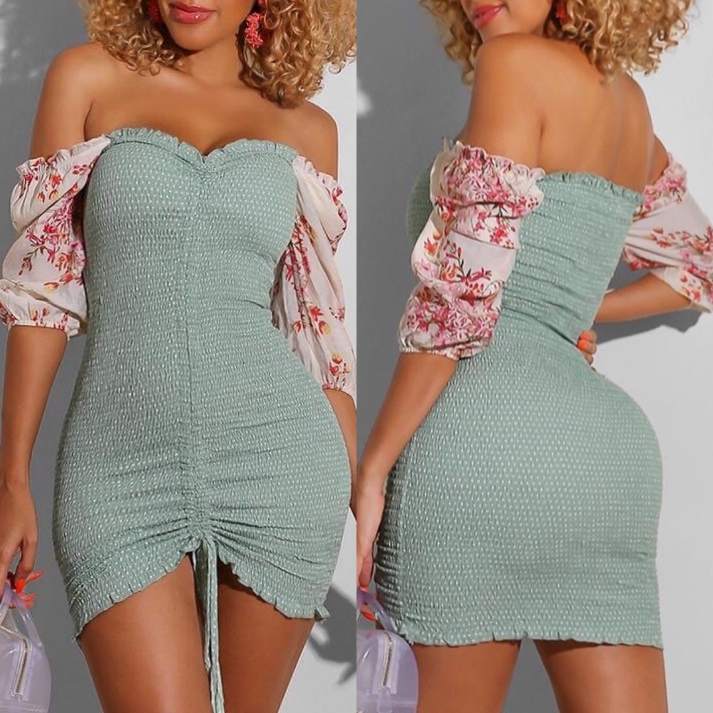 . Mint To Be Multicolor Ruched Off The Shoulder Mini Dress - Picture 1 of 6
